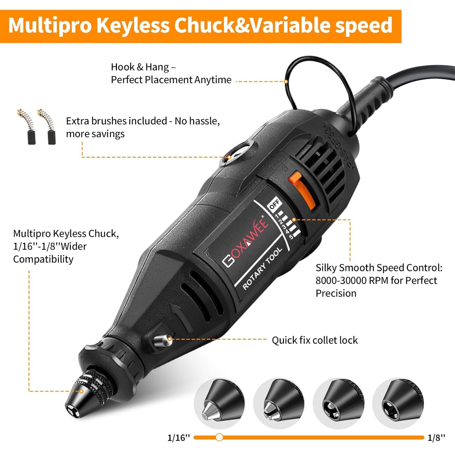 Black GOXAWEE rotary tool kit with multipro keyless chuck and variable speed control