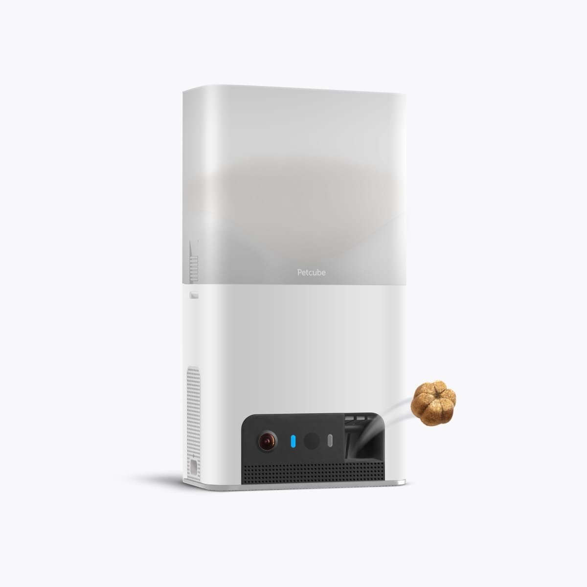 White PETCUBE Bites Monitoring Camera and Treat Dispenser for pets dispensing a treat