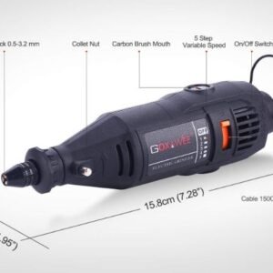Black GOXAWEE rotary tool kit with variable speed and on/off switch showing measurements