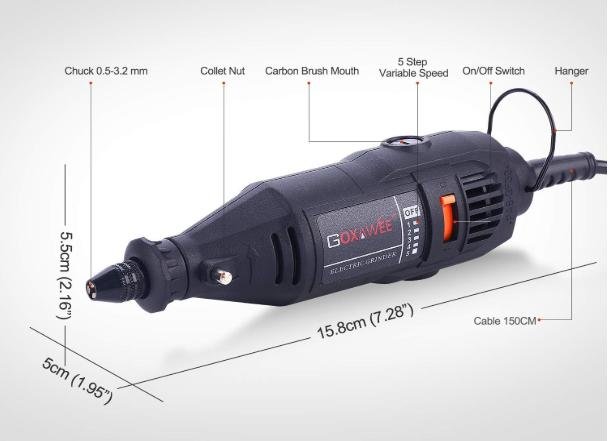 Black GOXAWEE rotary tool kit with variable speed and on/off switch showing measurements