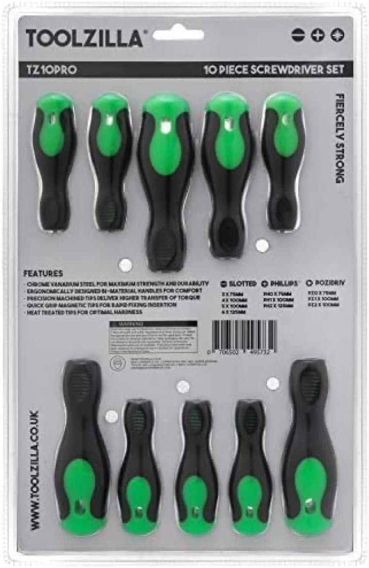 TOOLZILLA PRO Magnetic Screwdriver Set with black and green handles in 10 piece pack