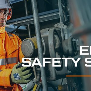 Portwest A696 LR13 ESD PU fingertip cut glove grey and white worn by worker in industrial setting