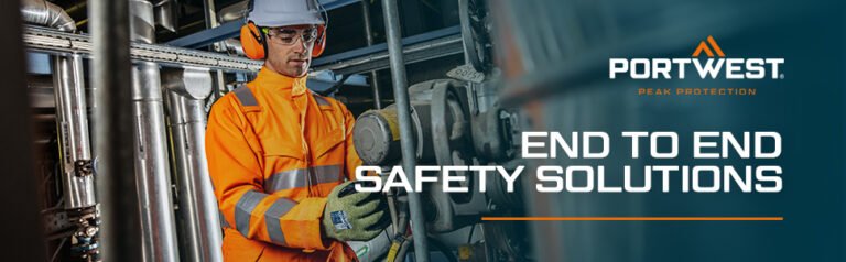 Portwest A696 LR13 ESD PU fingertip cut glove grey and white worn by worker in industrial setting