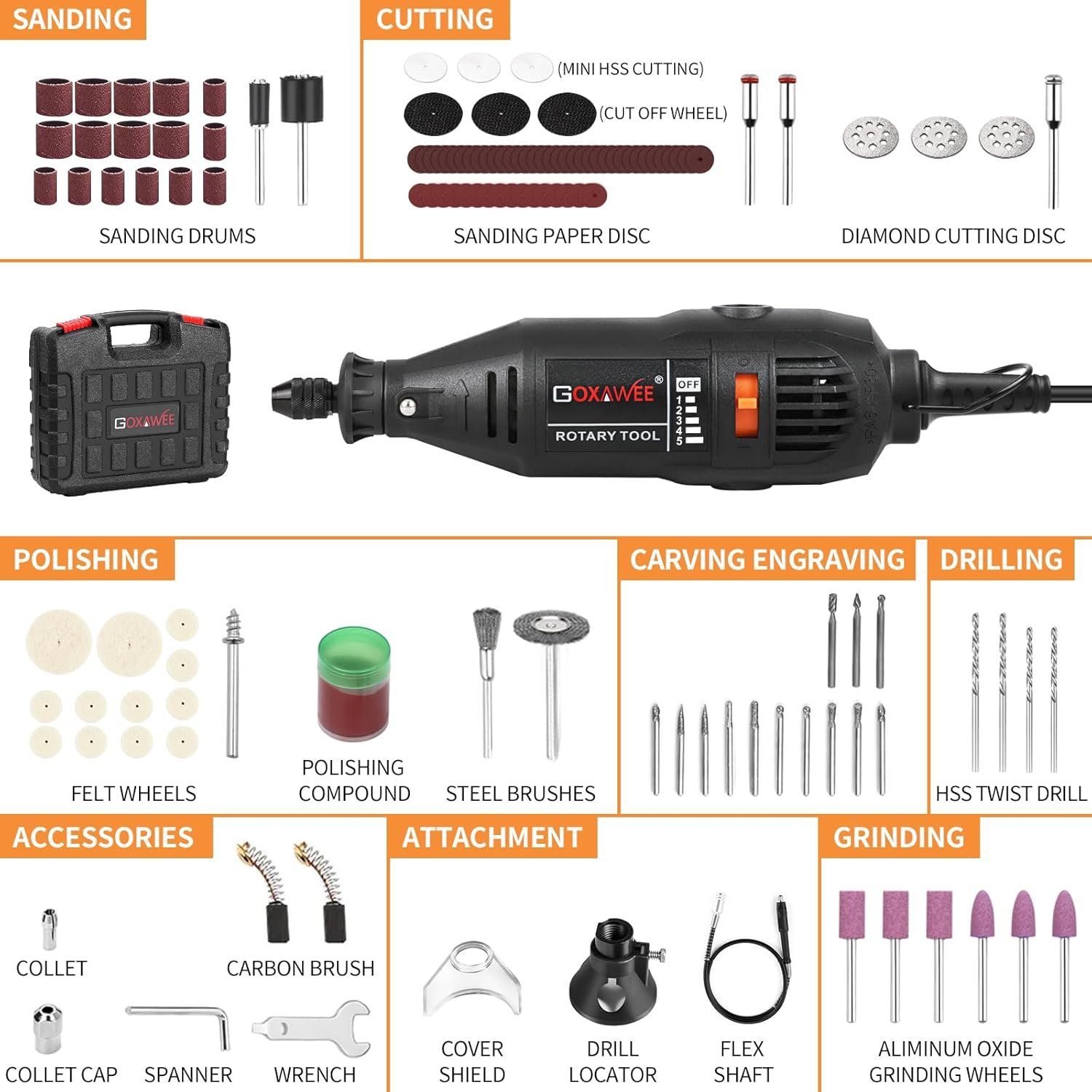GOXAWEE rotary tool kit with various sanding, cutting, polishing, carving, drilling, accessories, attachment, and grinding tools
