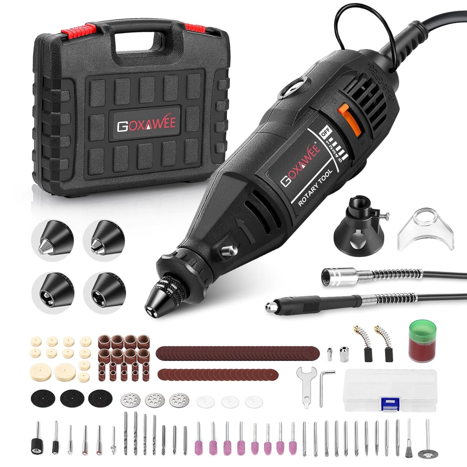 Rotary tool kit with 130W multi-functional mini grinder and 140 accessories including drill bits and sanding discs
