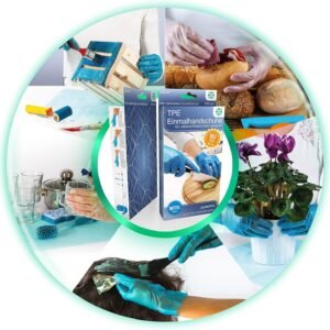 Box of blue disposable TPE gloves with hands using them for food preparation, gardening, dishwashing, painting, and hair coloring