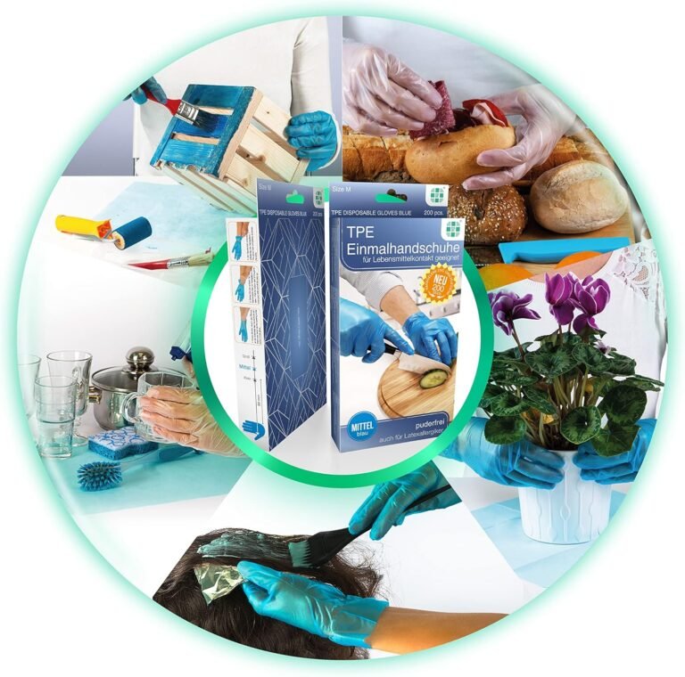 Box of blue disposable TPE gloves with hands using them for food preparation, gardening, dishwashing, painting, and hair coloring