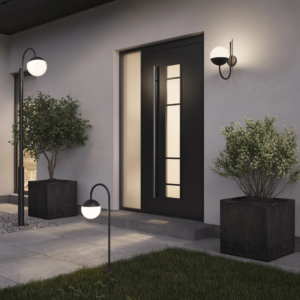 Hardwired outdoor wall light with globe design mounted beside black front door in a modern outdoor setting