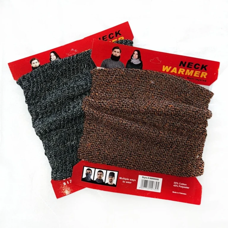Classic rib knit multi-layered neck warmers snoods in brown and grey on red packaging