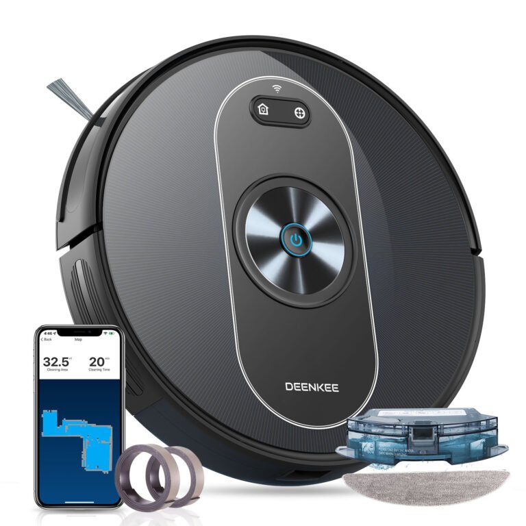 Robot vacuum Deenkee 3000Pa WiFi strong suction mop in black with smart control app and mop attachment
