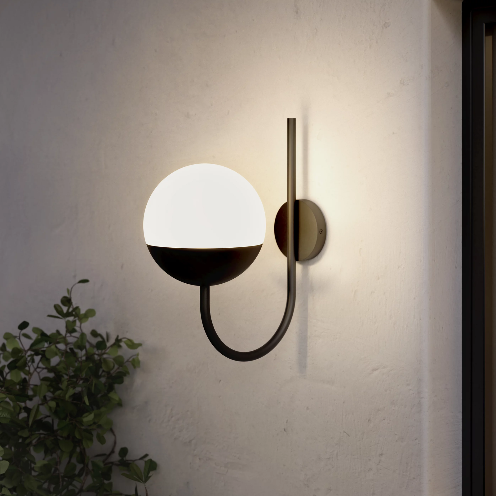 hardwired outdoor wall light with black metal frame and white globe light on wall