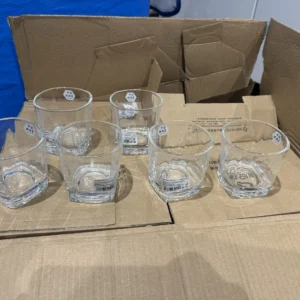 Set of six clear Whiskey Juice 258ml glasses with square bases displayed on cardboard