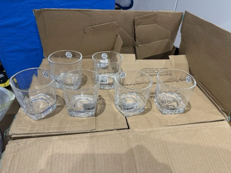 Set of six clear Whiskey Juice 258ml glasses with square bases displayed on cardboard