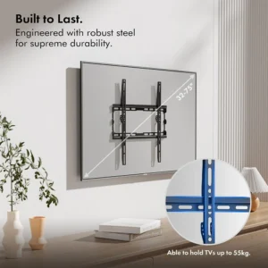TV wall bracket for 32-75 inch screens mounted on a wall with a spirit level inset and text showing durability and weight capacity