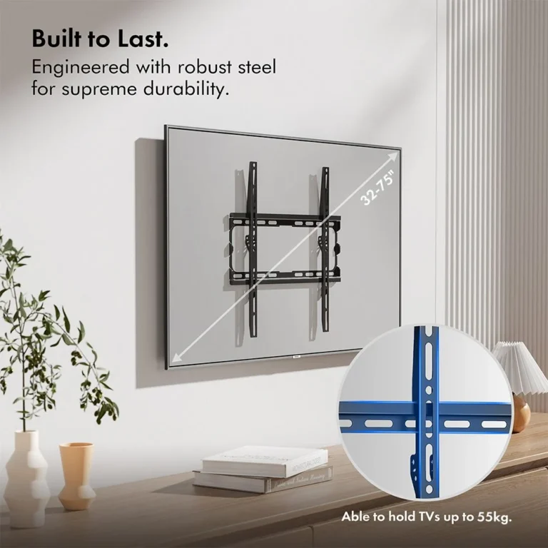 TV wall bracket for 32-75 inch screens mounted on a wall with a spirit level inset and text showing durability and weight capacity