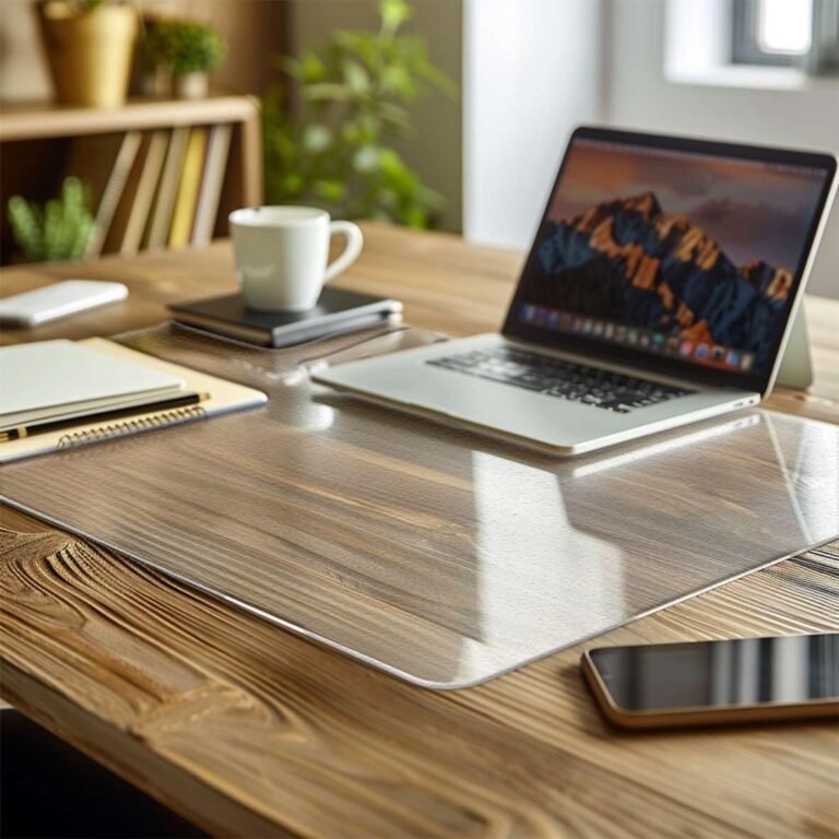 Frosted transparent desk mat 60x30cm placed on a wooden table under a laptop and beside a cup