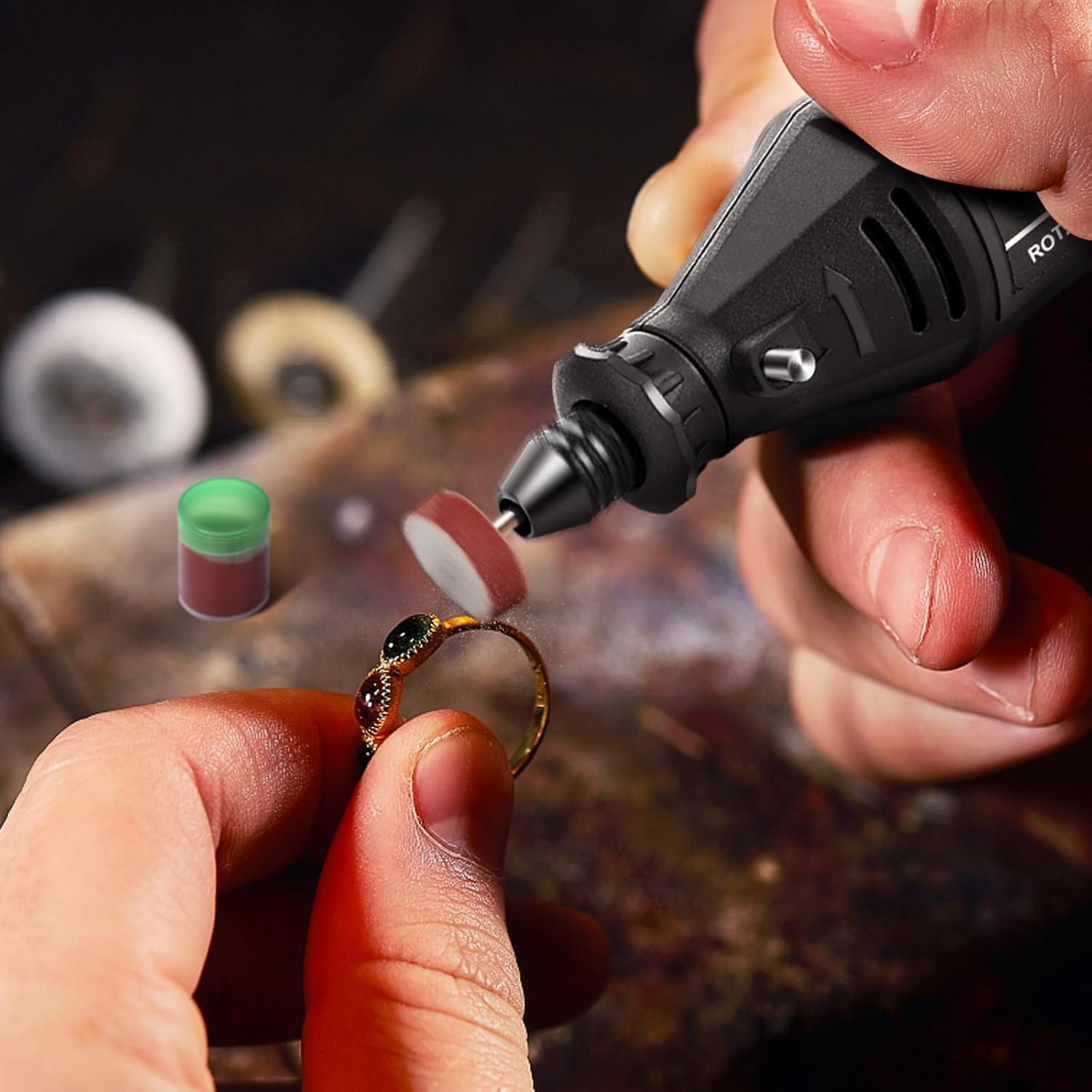 Rotary tool kit mini grinder polishing a decorative ring