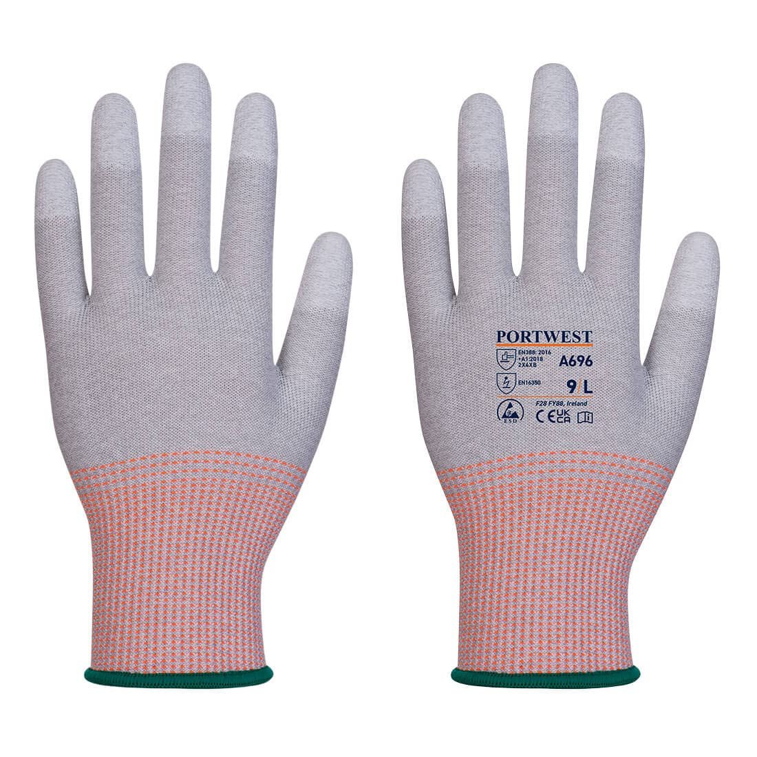Pair of Portwest A696 LR13 ESD PU fingertip gloves in grey and white, small size