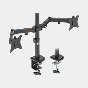 Double dual display 13-32 computer screen monitor arm mount desk stand with black adjustable arms and clamp base