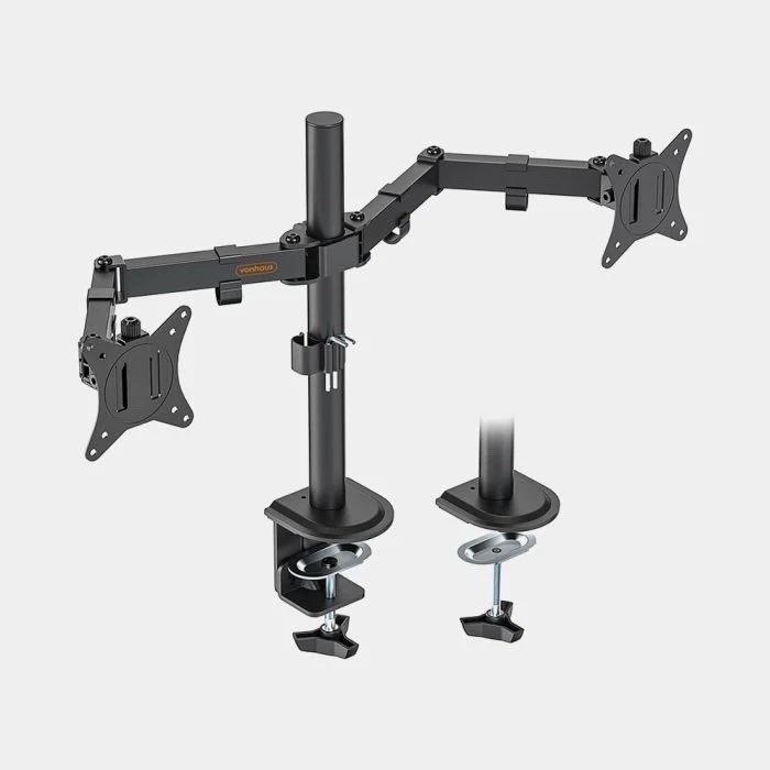 Double dual display 13-32 computer screen monitor arm mount desk stand with black adjustable arms and clamp base