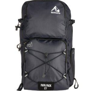 Mounts Papa Pack baby changing backpack rucksack in black with front elastic cords and logo