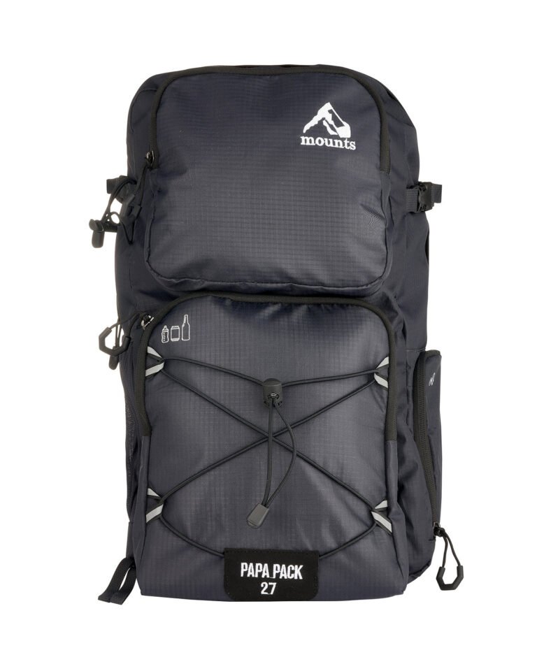 Mounts Papa Pack baby changing backpack rucksack in black with front elastic cords and logo