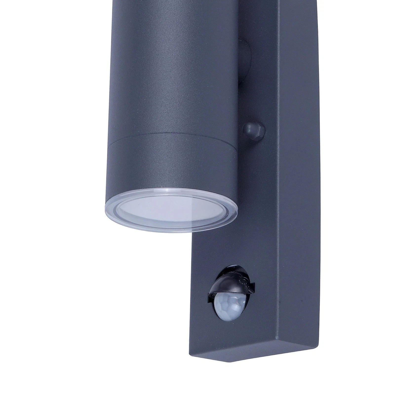 Grey up down outdoor wall light with round shape and motion sensor security lamp in dark grey color