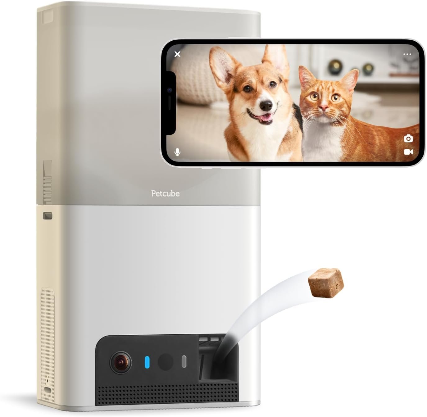 Petcube Bites monitoring camera and treat dispenser showing treat being dispensed with smart pet monitoring on phone screen