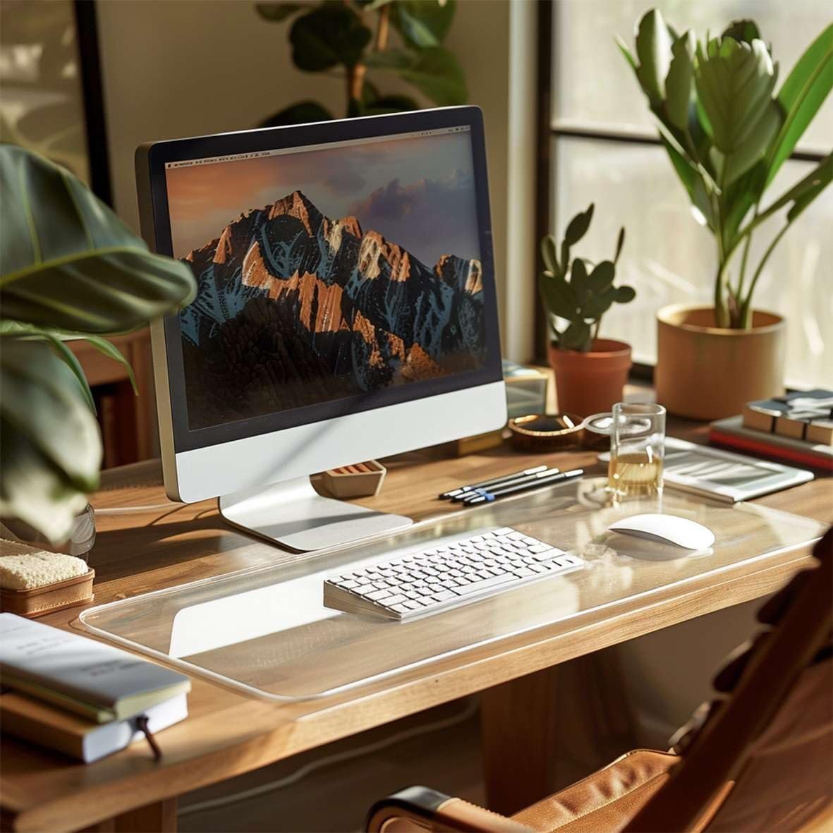 Frosted transparent desk mat 60x30cm placed on wooden desk with keyboard and mouse on top