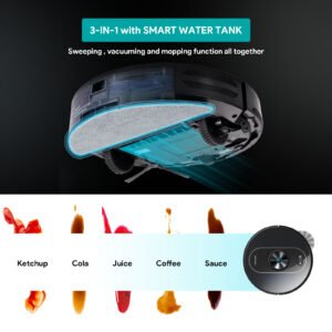Robot vacuum Deenkee 3000Pa WiFi strong suction mop showing its 3-in-1 sweeping vacuuming and mopping function with smart water tank