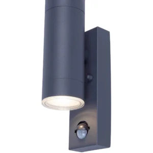 Grey Up Down Outdoor Wall Light with PIR Motion Sensor showing round lamp design and sensor on rectangular base