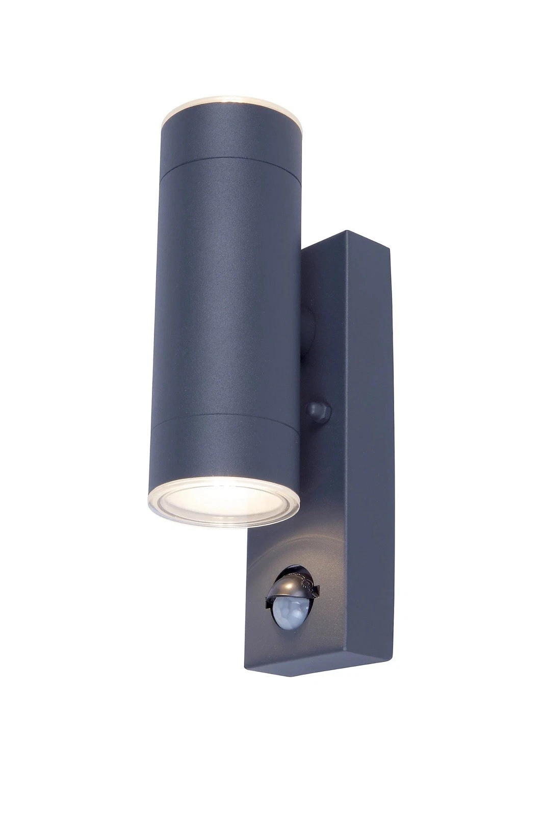 Grey Up Down Outdoor Wall Light with PIR Motion Sensor showing round lamp design and sensor on rectangular base