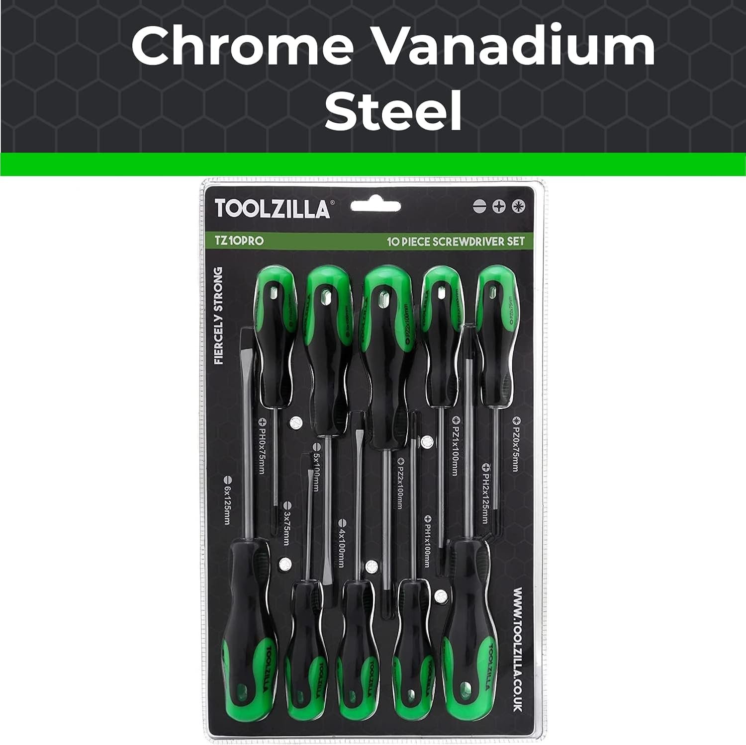 TOOLZILLA PRO Magnetic Screwdriver Set with black and green handles in blister pack
