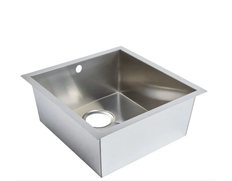 Square stainless steel sink with a circular drainage hole