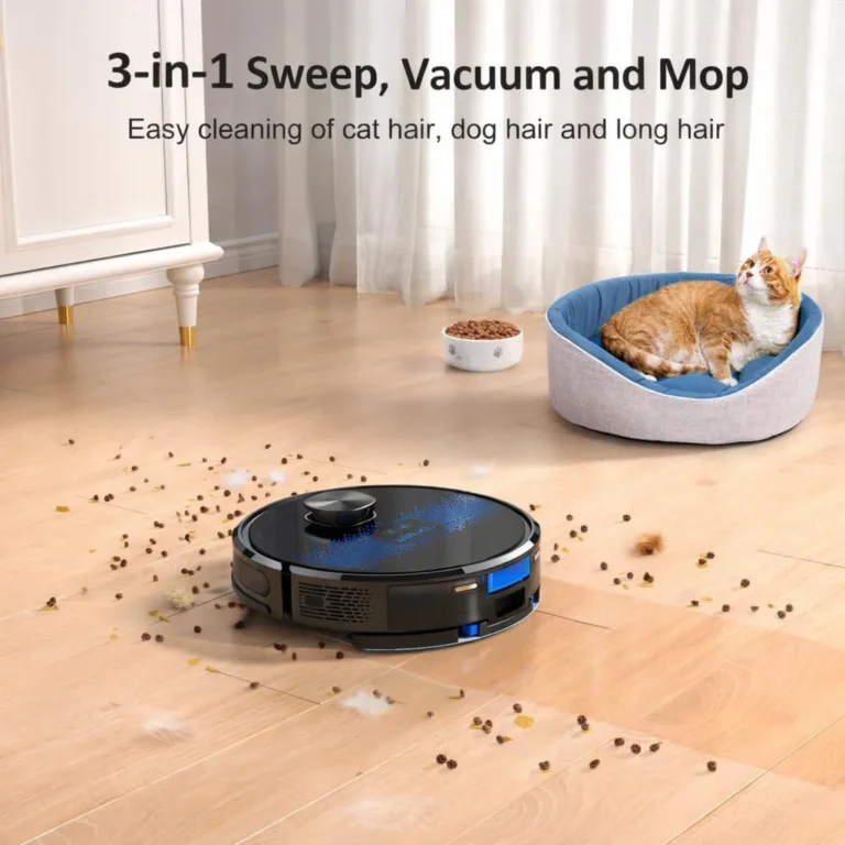 Black and blue circular robot vacuum cleaner with sensors and vents cleaning