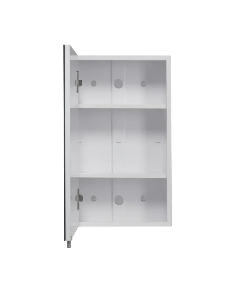 White wooden cabinet with partially open door showing three shelves and cable