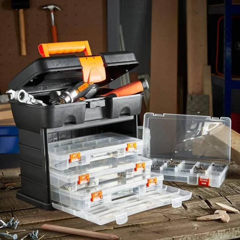 Black and orange plastic toolbox with clear storage containers and orange clasps,