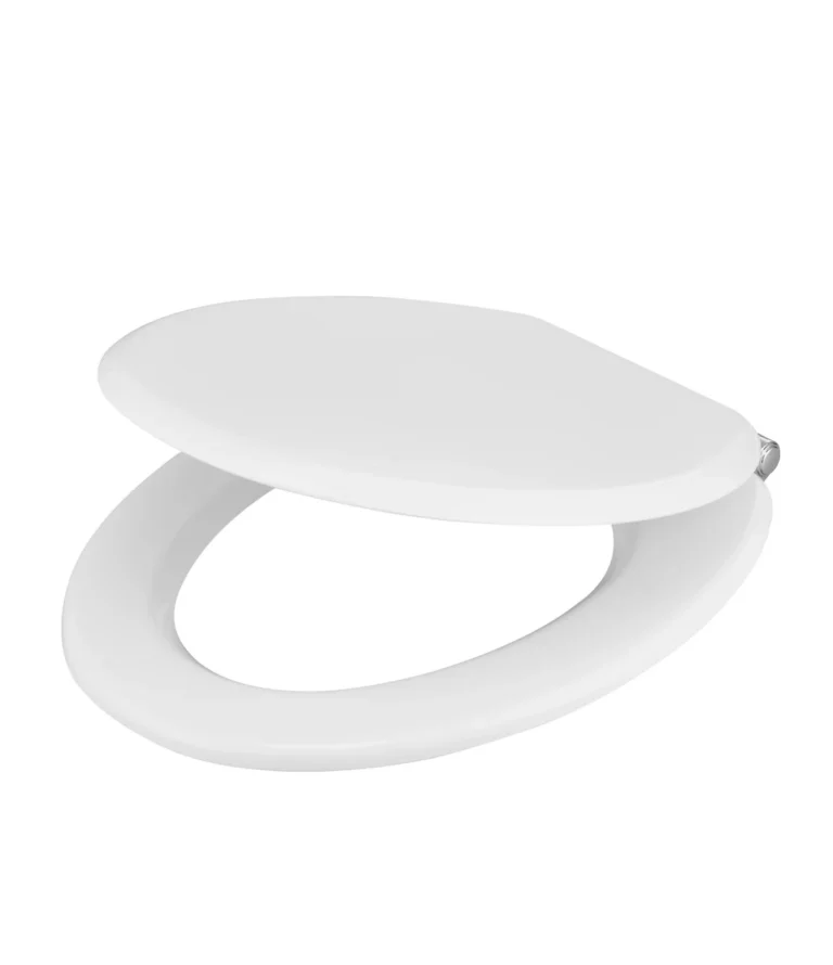 White plastic toilet seat with rounded design and visible hinge