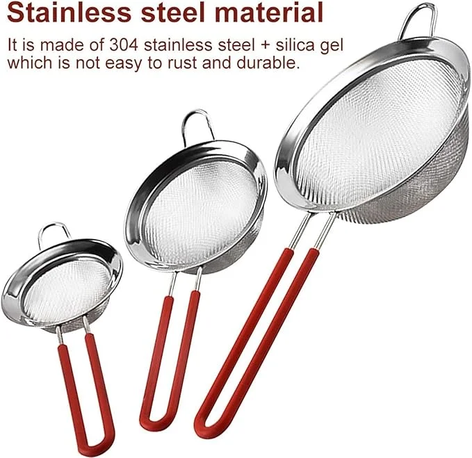 Three stainless steel and red silicone strainers in different sizes with mesh