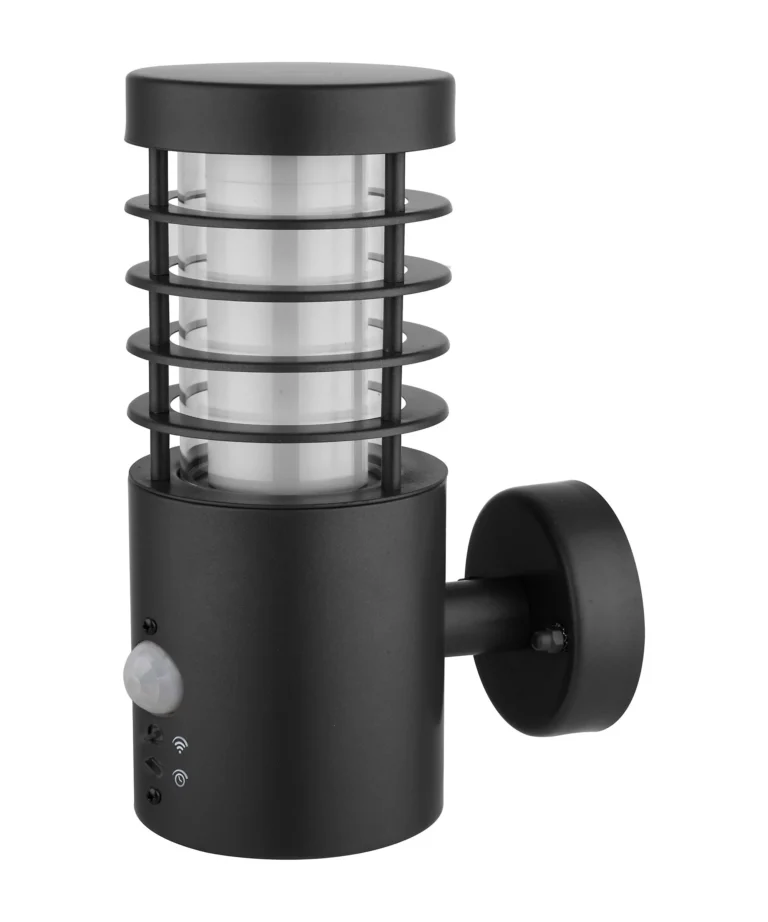 Black and clear metal and glass wall mounted light with cylindrical shape,