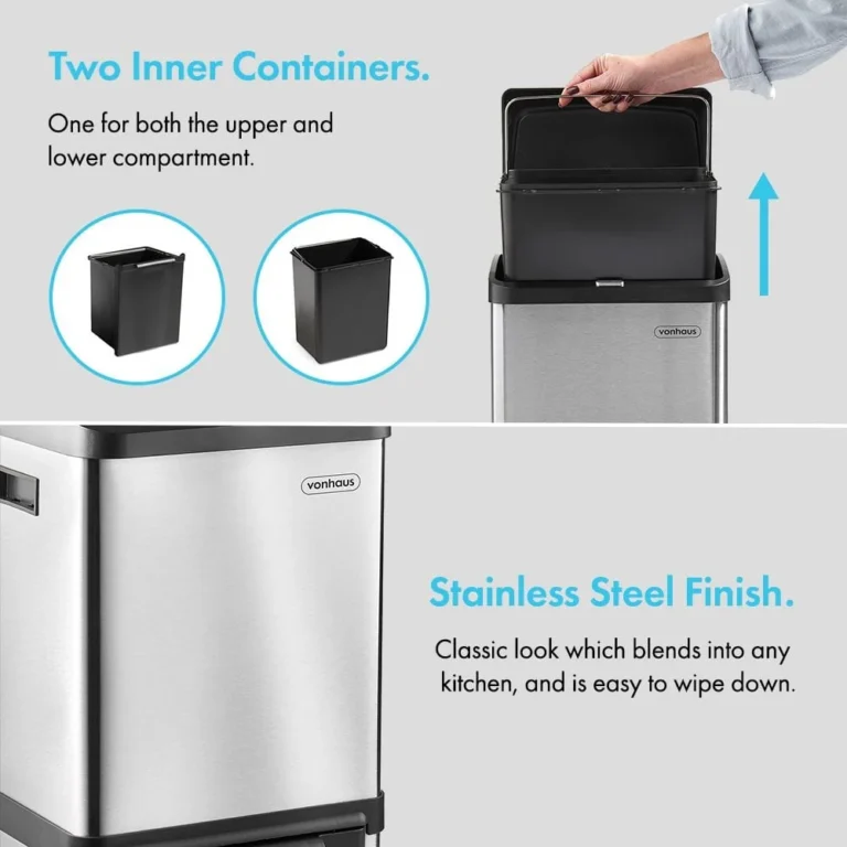 Stainless steel trash can with two black plastic inner containers, one being