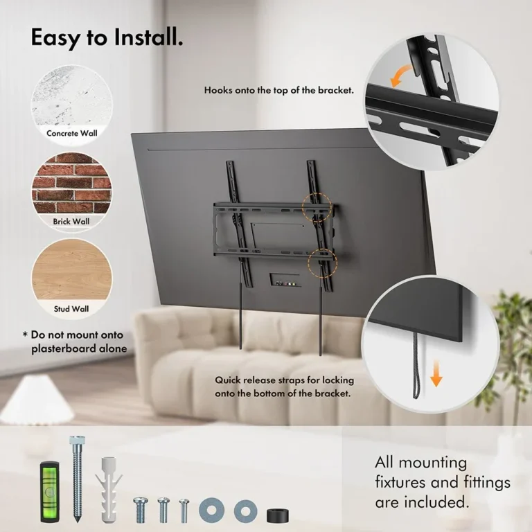 Black metal and plastic TV wall mount with installation hooks, quick release